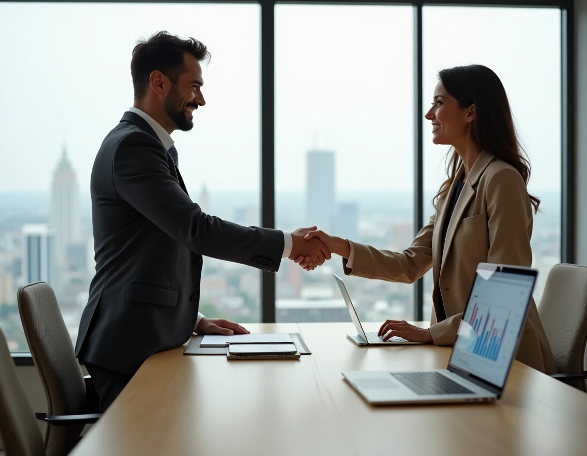 Deux professionnels concluant un accord commercial dans un bureau contemporain grâce aux solutions de financement Pôle Finance