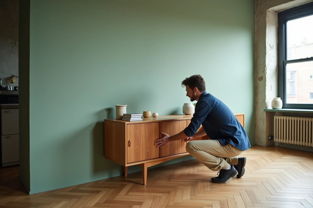 Homme repositionnant un meuble bas en bois dans un salon moderne avec mur vert sauge et parquet en chevron