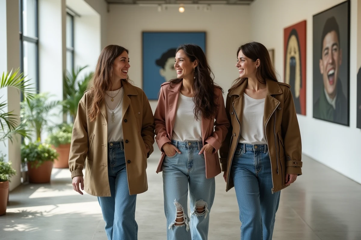 Trois amis en mode tendance dans une galerie moderne