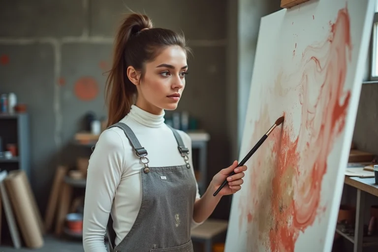 Jeune artiste contemporaine peignant une grande toile abstraite dans son atelier avec murs en béton brut et sol en bois