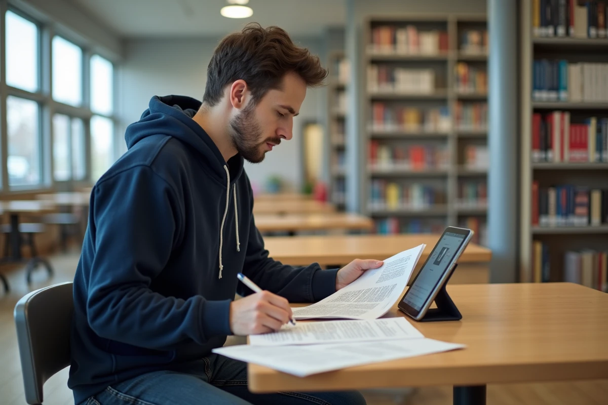 Homme en autoformation pour devenir éducateur de jeunes enfants dans une bibliothèque moderne