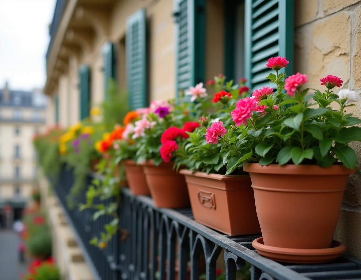 Balcon fleuri parisien avec géraniums, pétunias et lobélias en pots sur une rambarde en fer forgé