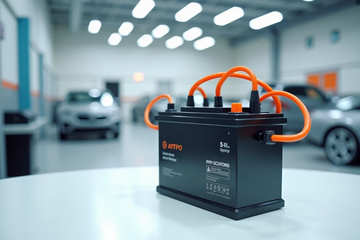 Batterie haute tension de véhicule hybride avec câbles orange posée dans un atelier de concession automobile