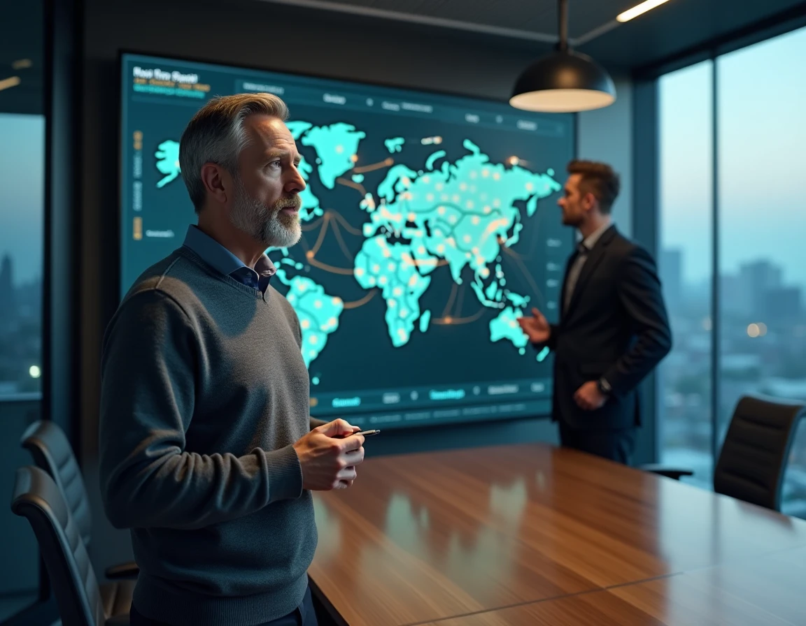 Directeur technique présentant une cartographie du web sur un grand écran tactile lors d'une réunion stratégique
