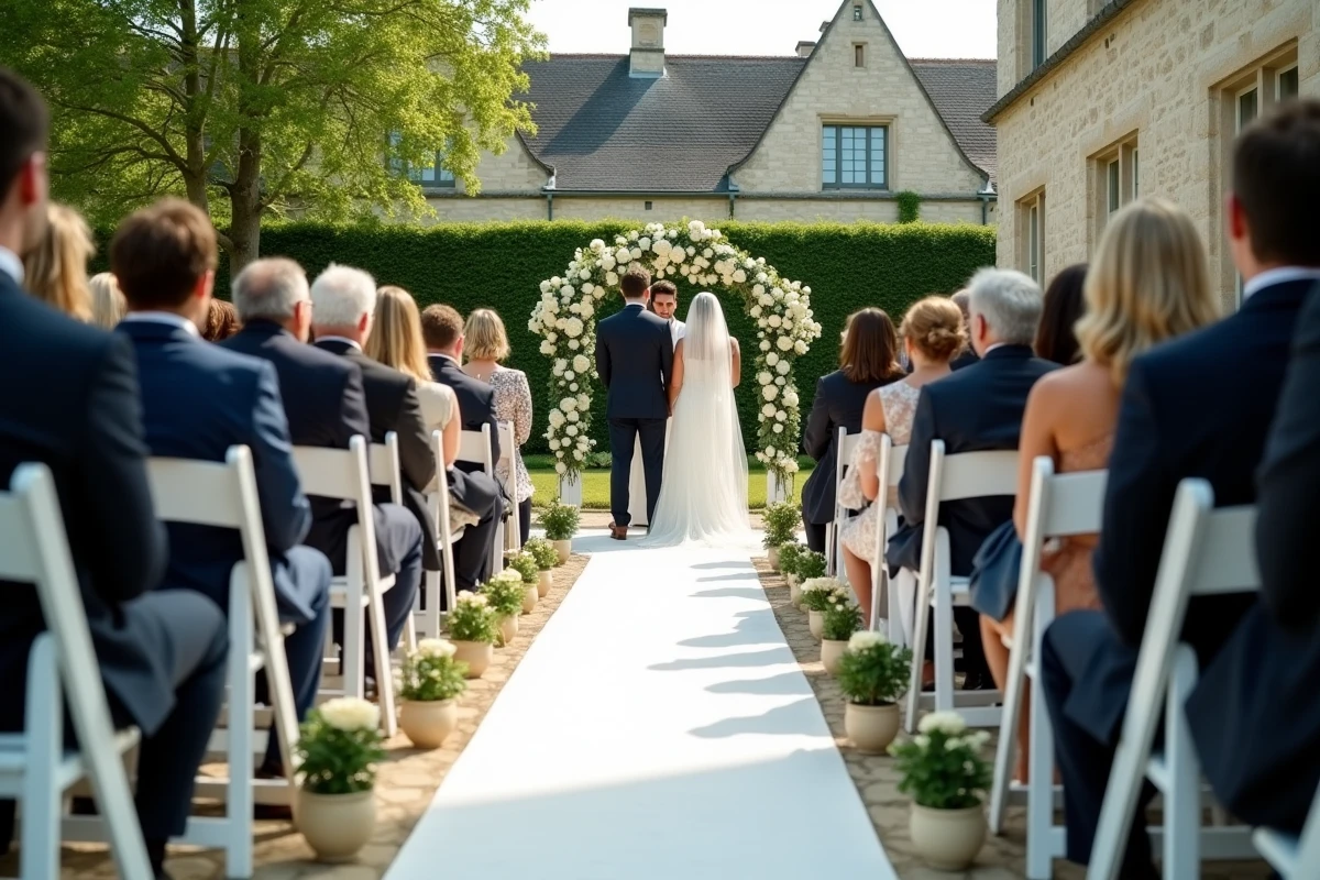 Cérémonie de mariage en plein air dans un jardin à la française avec allée fleurie et invités élégants