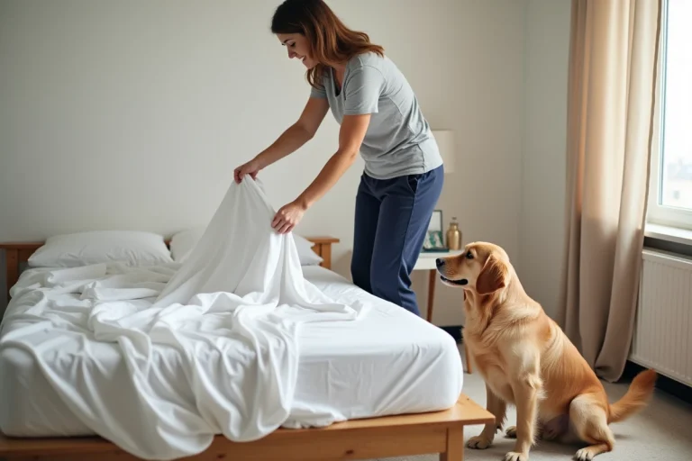 Femme qui retire les draps de son lit après avoir vermifugé son chien golden retriever dans une chambre lumineuse