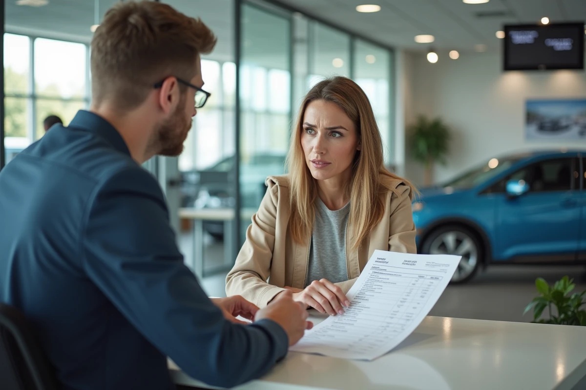 Cliente et conseiller automobile examinant un devis de remplacement de batterie hybride dans une concession
