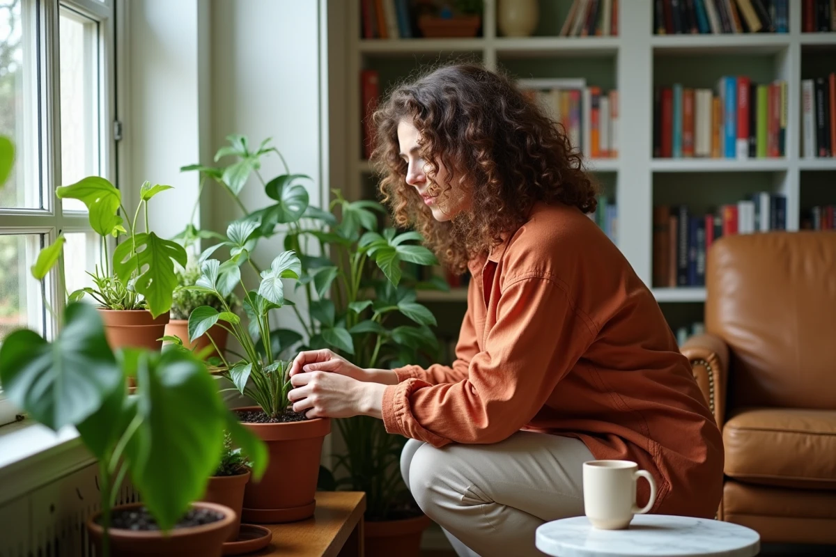 Jeune femme arrangeant des plantes d'intérieur dans un coin lecture cosy avec bibliothèque intégrée et fauteuil en cuir