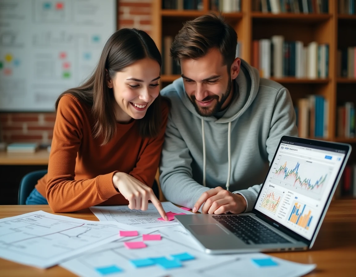 Deux jeunes professionnels collaborant sur une analyse de cartographie du web avec la plateforme Cyber Huge dans un espace de coworking