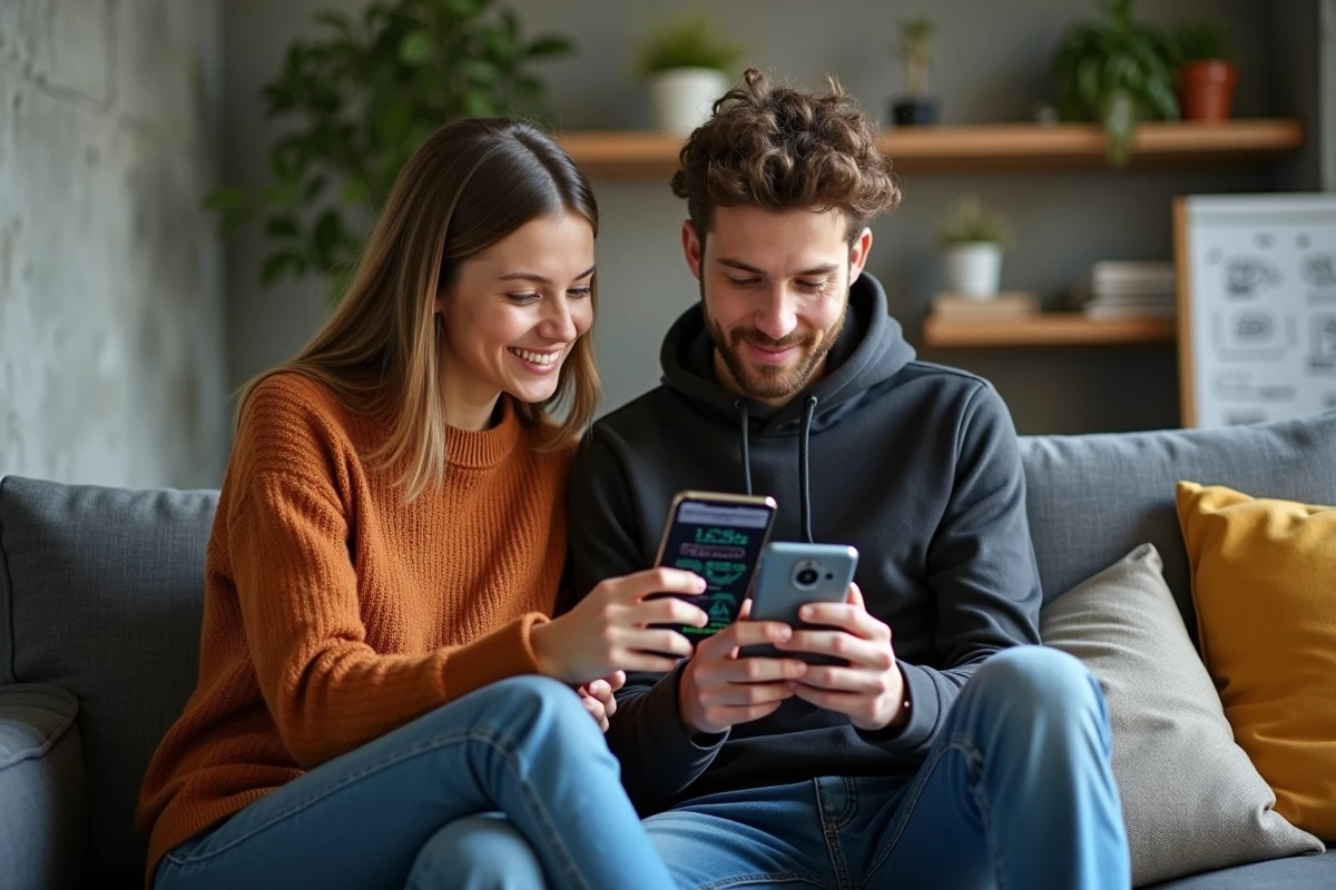 Deux collègues consultant un smartphone pliable avec des données en temps réel dans un espace de travail collaboratif, représentant les tendances technologiques de 2024