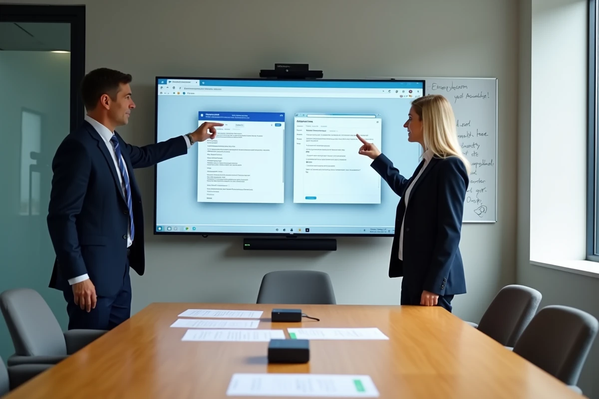Deux professionnels comparant les interfaces de messagerie ac Bordeaux et Convergence lors d'une session de formation en salle de réunion universitaire