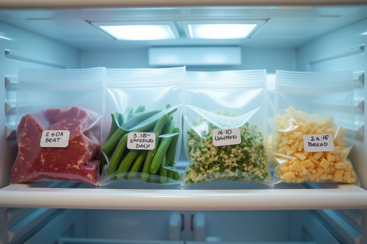 Tiroir de réfrigérateur bien organisé avec des aliments conservés dans des sachets sous vide hermétiques étiquetés, résultat d'une conservation optimale grâce à la machine Crenova VS100S