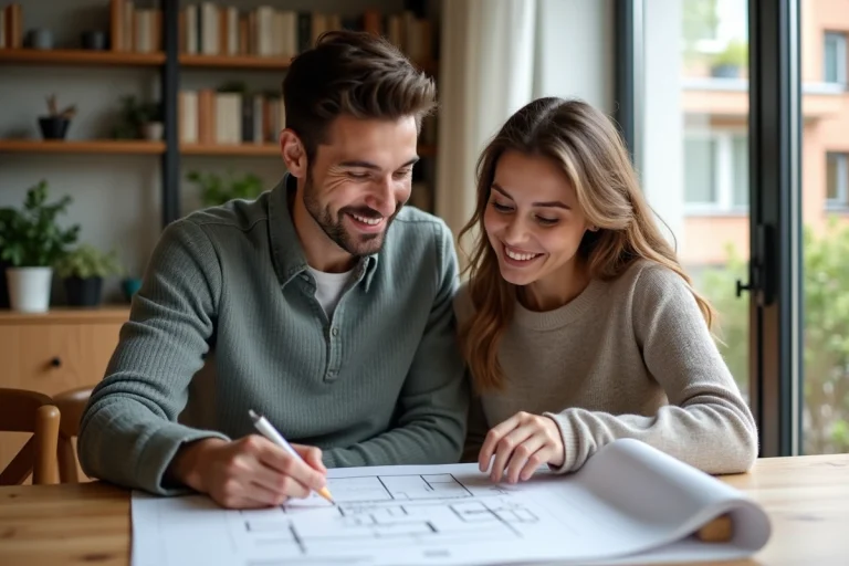 Couple souriant examinant des plans architecturaux à la maison