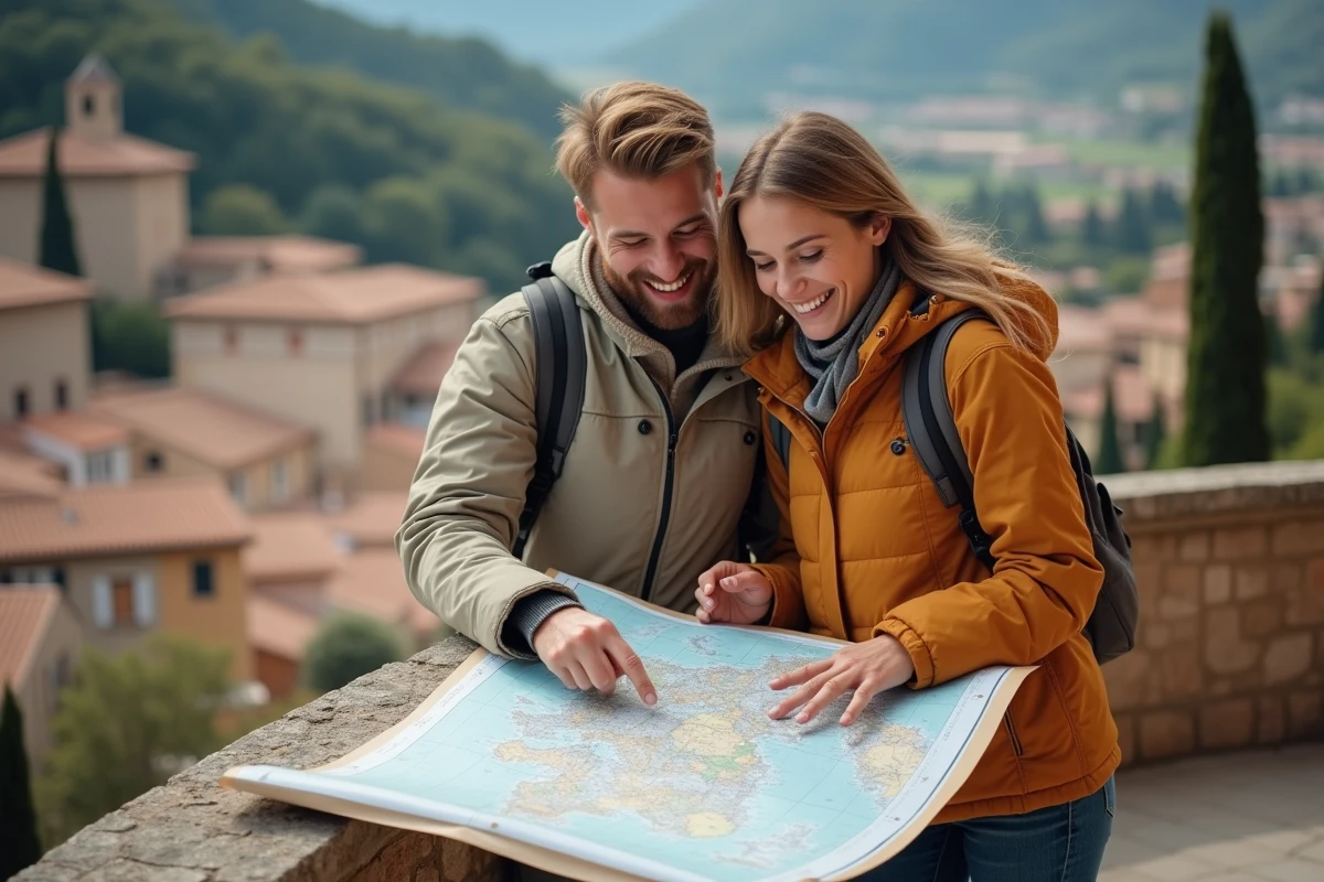 Couple de jeunes voyageurs consultant une carte sur une terrasse avec vue panoramique sur un village méditerranéen