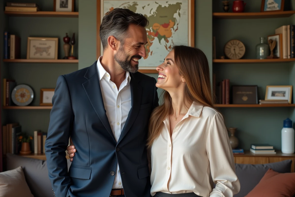 Couple élégant souriant dans un appartement parisien décoré de livres de voyage et de cartes du monde