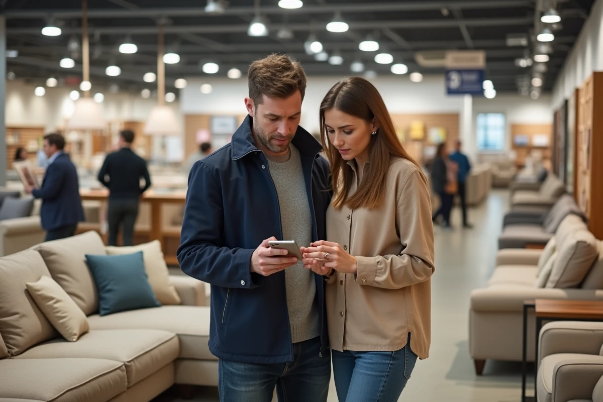 Couple comparant les offres de soldes Poltronesofà sur smartphone dans une grande surface de meubles