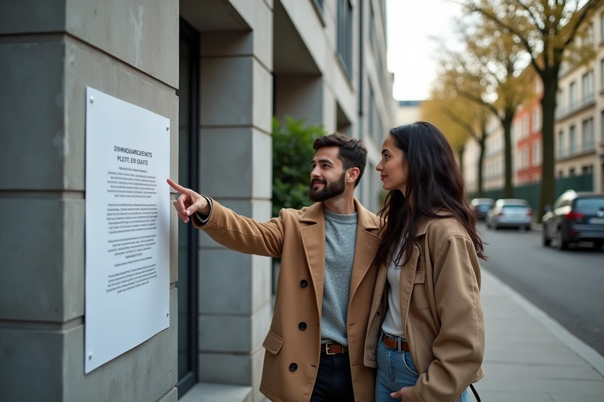 Couple devant un immeuble HLM parisien consultant une annonce de logement social disponible