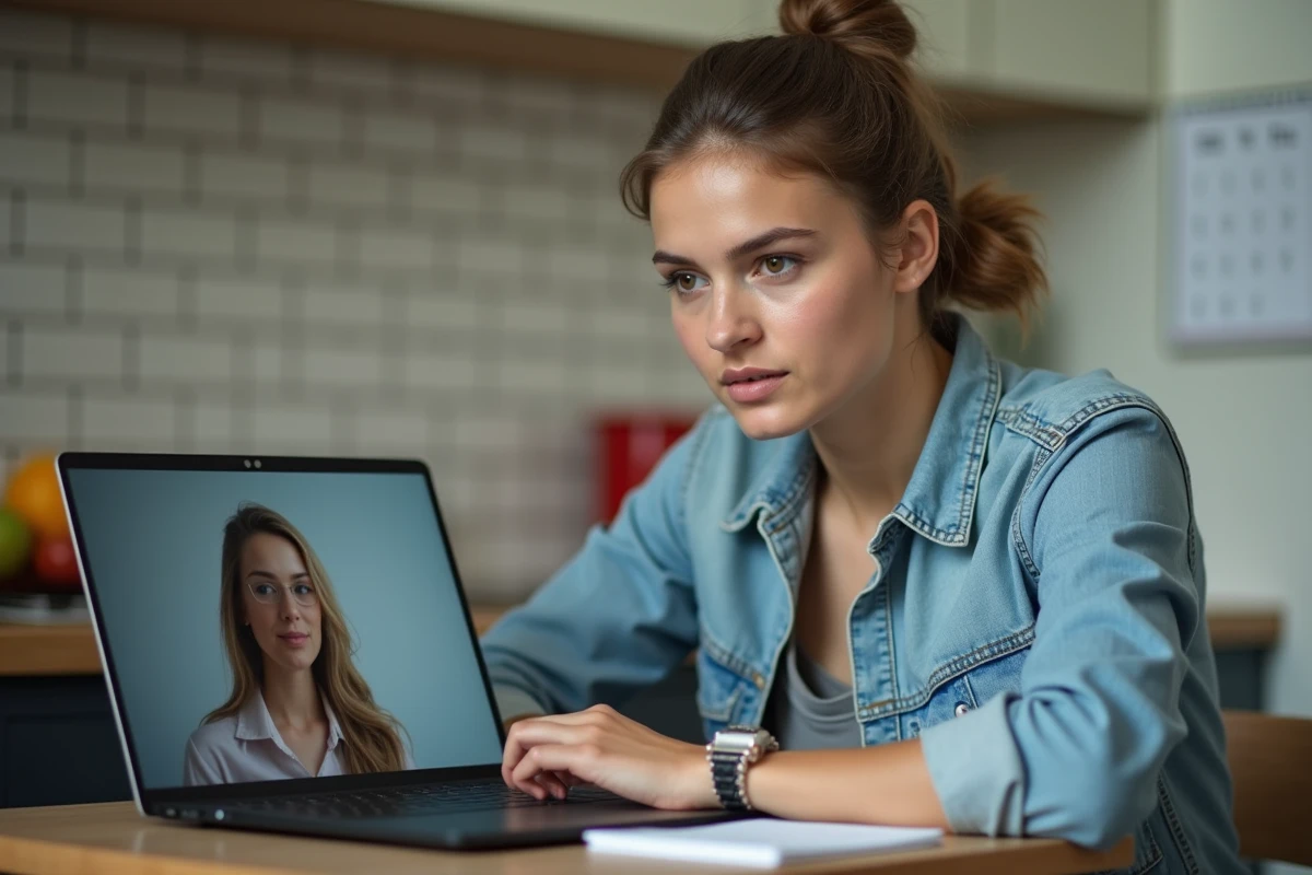 Jeune femme en cours de formation à distance pour devenir éducatrice de jeunes enfants via visioconférence