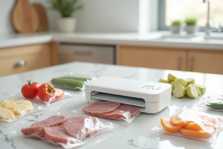 Machine sous vide alimentaire Crenova VS100S posée sur un plan de travail en marbre blanc dans une cuisine moderne avec des sachets sous vide remplis de légumes frais et de charcuterie