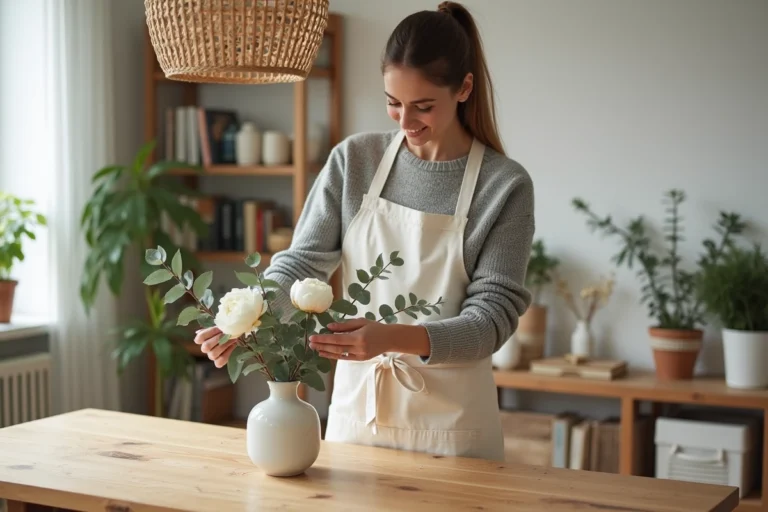 Femme arrangeant un bouquet de fleurs séchées dans un vase en céramique sur une table en bois dans un intérieur scandinave chaleureux