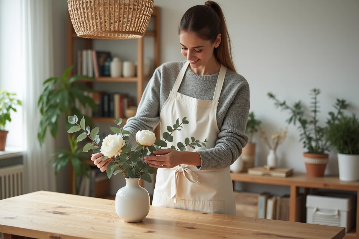 Femme arrangeant un bouquet de fleurs séchées dans un vase en céramique sur une table en bois dans un intérieur scandinave chaleureux