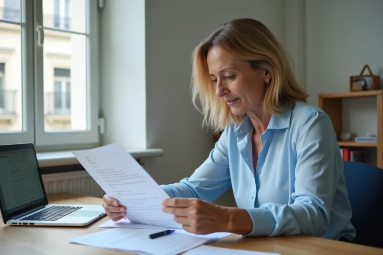 Femme consultant un dossier de demande de logement social à Paris dans un appartement haussmannien