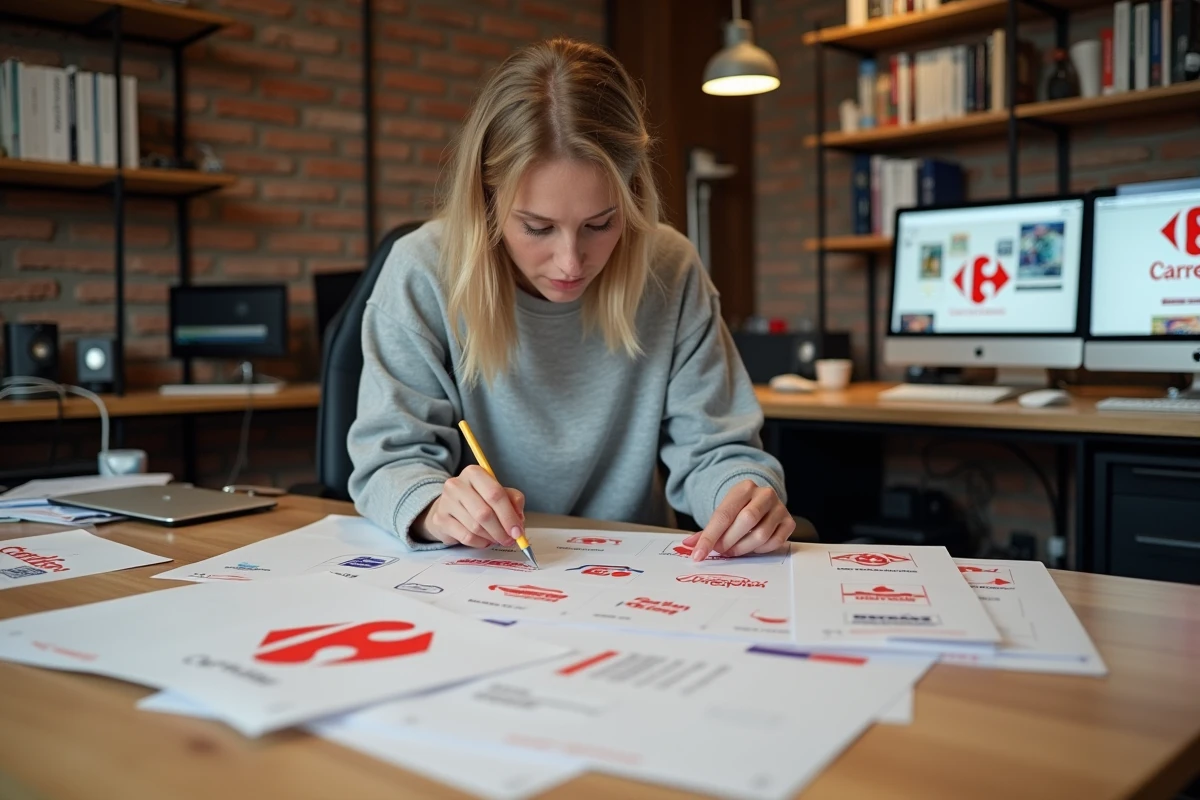 Designer graphique étudiant l'évolution historique du logo Carrefour sur des feuilles imprimées dans un studio créatif