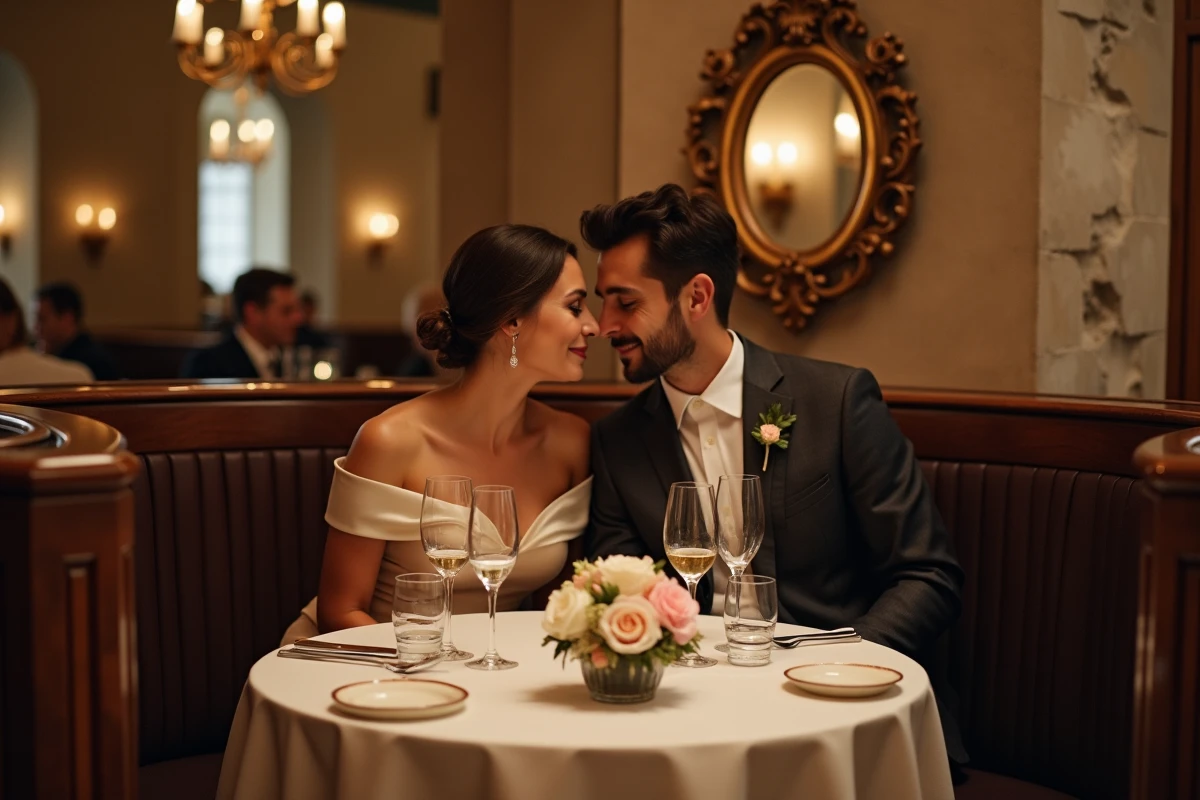 Couple de mariés partageant un moment intime lors du dîner de mariage dans un restaurant parisien élégant