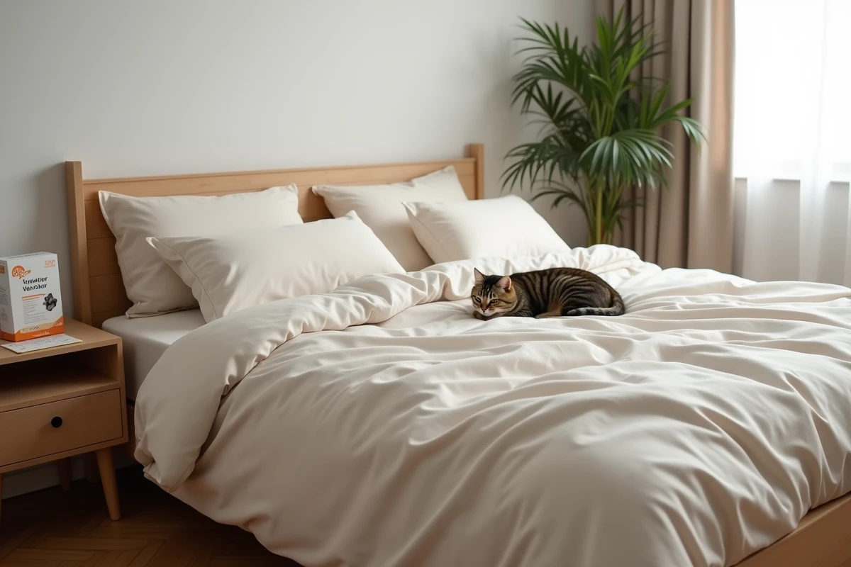 Lit refait avec des draps propres après la vermifugation d'un chat roux endormi au pied du matelas
