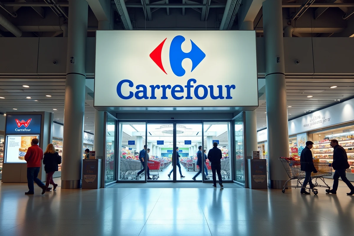 Vue grand angle de l'entrée d'un hypermarché Carrefour avec le logo suspendu au-dessus des portes automatiques et des clients en mouvement