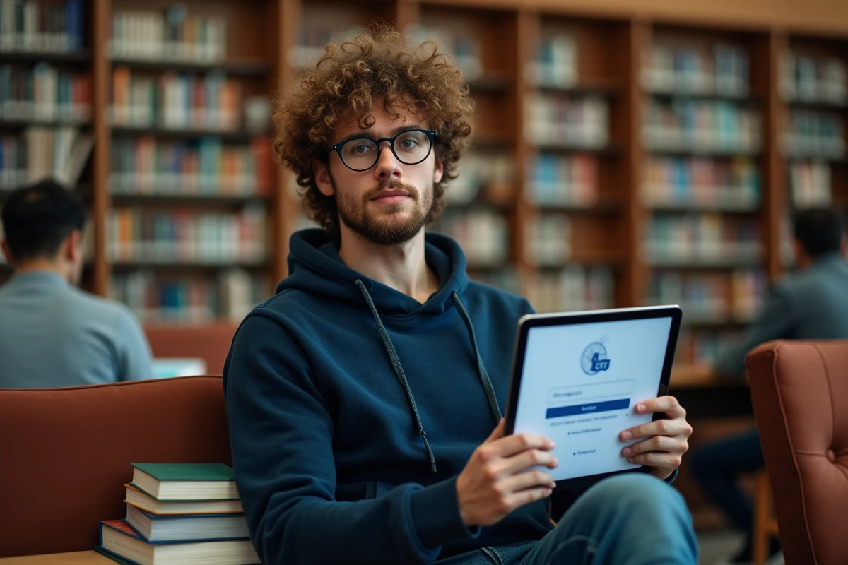 Étudiant consultant la plateforme Convergence ENT sur une tablette numérique dans une bibliothèque universitaire