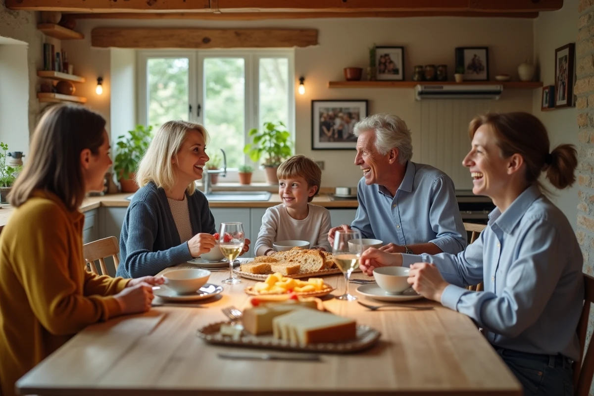 Famille multigénérationnelle réunie autour d'un repas dans une maison de campagne aux murs en pierre