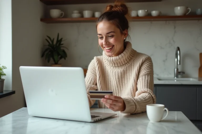 Femme souriante achetant des produits de beauté en ligne