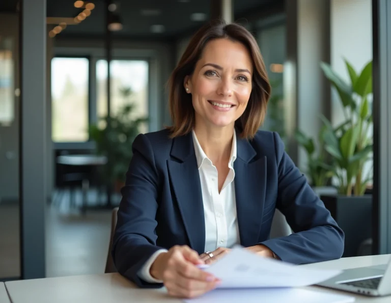 Femme d'affaires confiante consultant des documents financiers dans un bureau moderne pour optimiser sa stratégie d'entreprise avec Pôle Finance