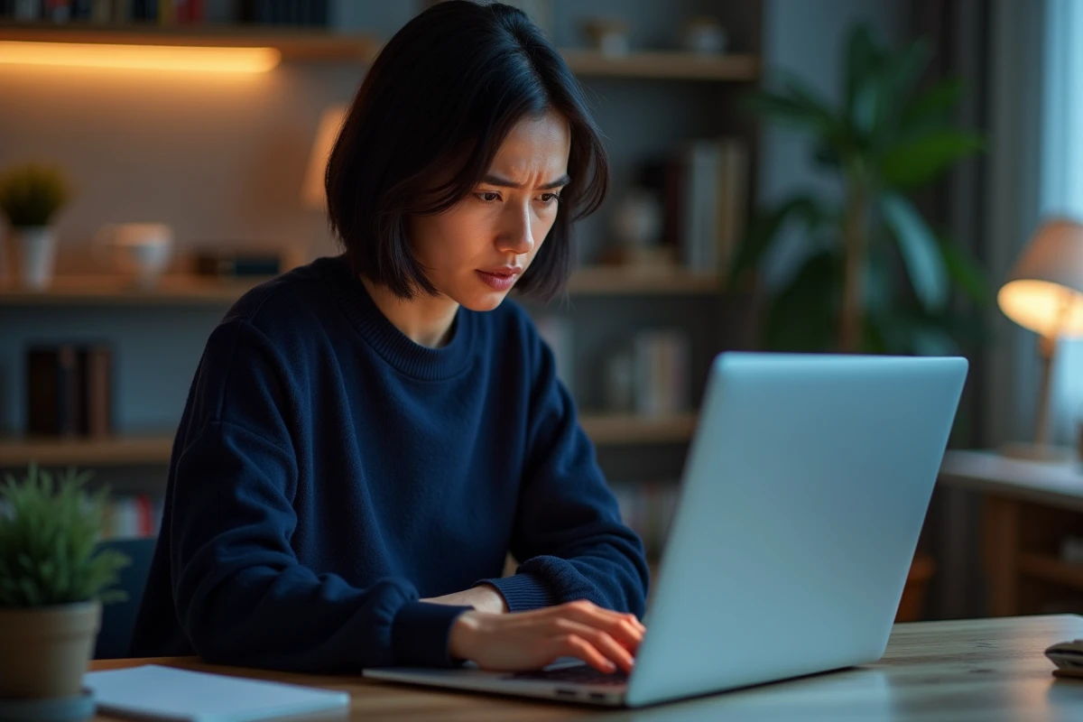 Femme concentrée utilisant un logiciel antivirus sur un ordinateur portable dans un bureau à domicile moderne