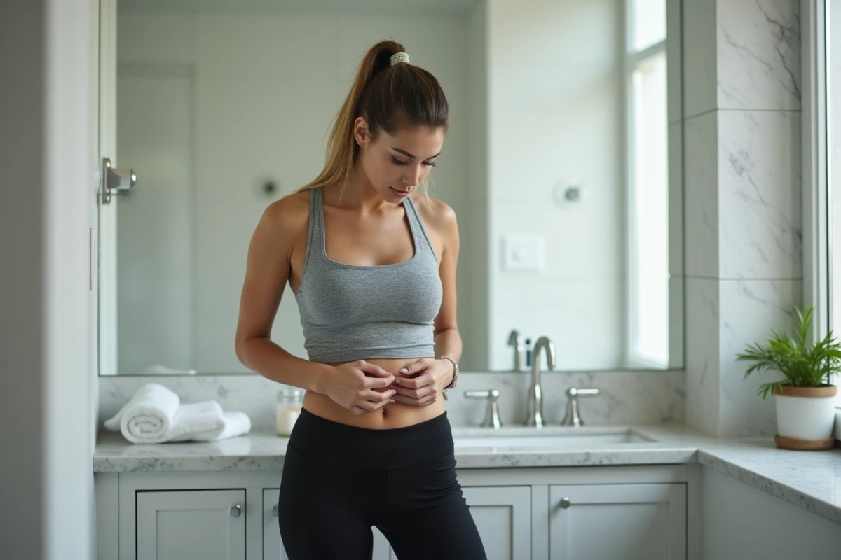 Jeune femme en tenue de sport regardant son ventre dans le miroir d'une salle de bain, illustrant les ballonnements abdominaux