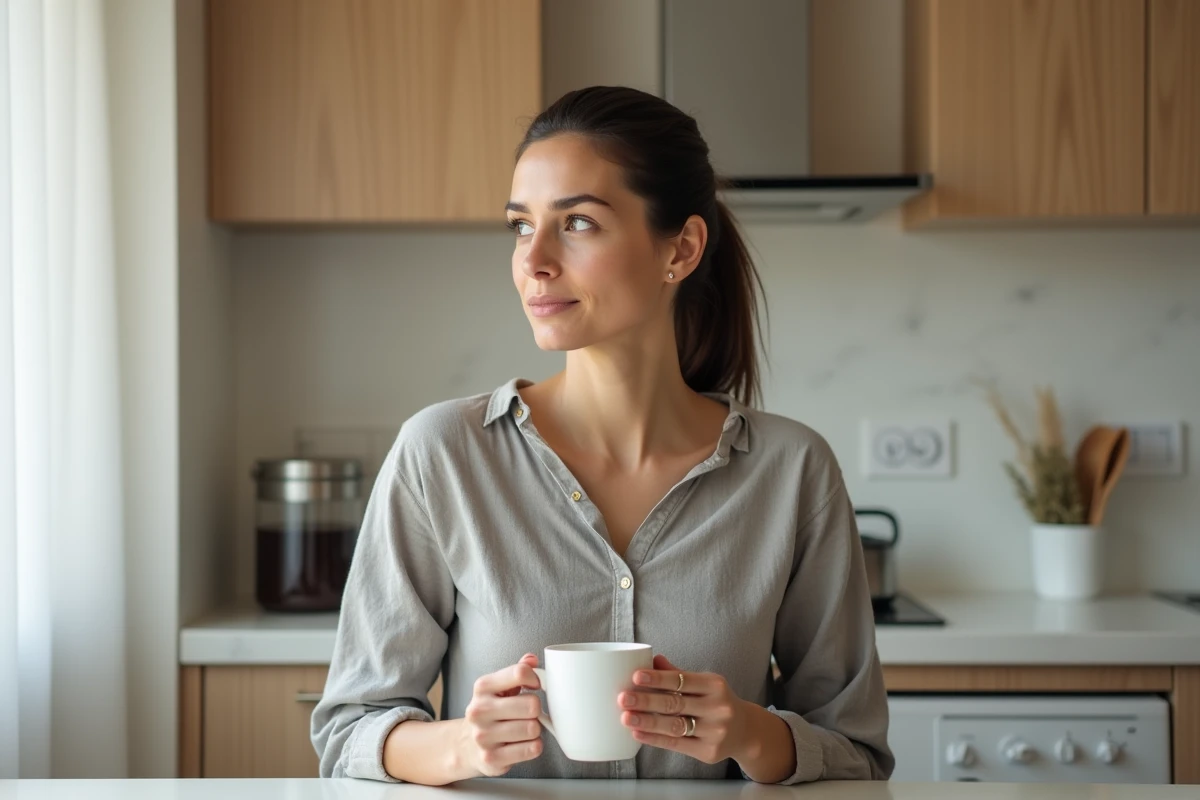 Femme tenant une tasse de café au lait le matin pendant une routine de jeûne intermittent