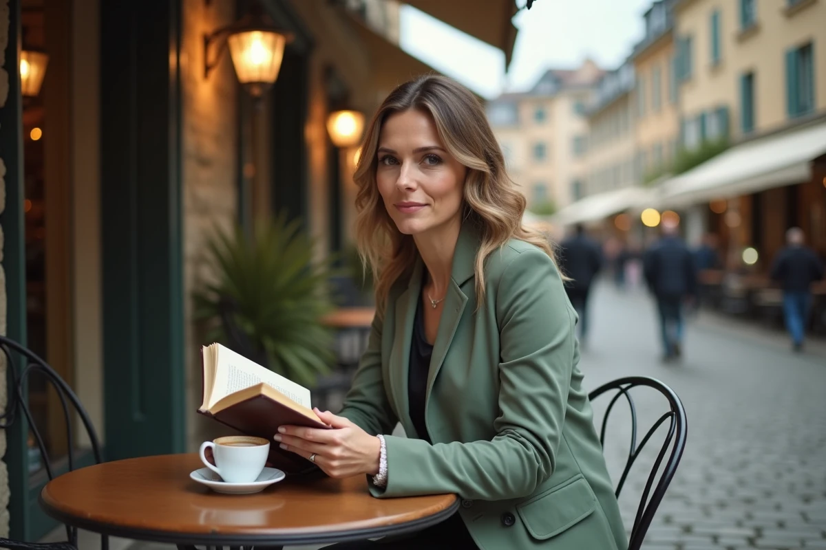 Femme élégante lisant en terrasse de café dans une ville provinciale française avec des rues pavées en arrière-plan