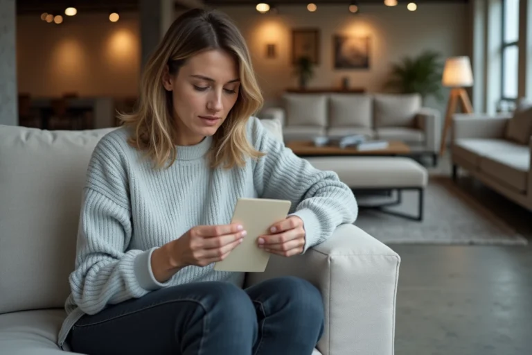 Femme examinant l'étiquette de prix d'un canapé Poltronesofà pendant les soldes dans un showroom de meubles