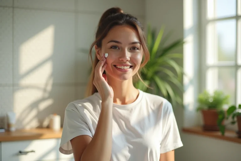 Femme souriante appliquant une creme visage dans une salle de bain lumineuse