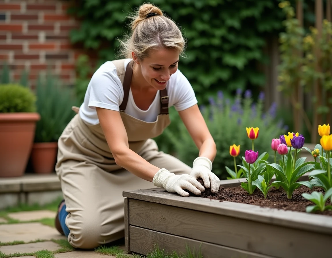 Femme jardinière en tablier de lin plantant des fleurs saisonnières dans un carré potager en bois sur une terrasse