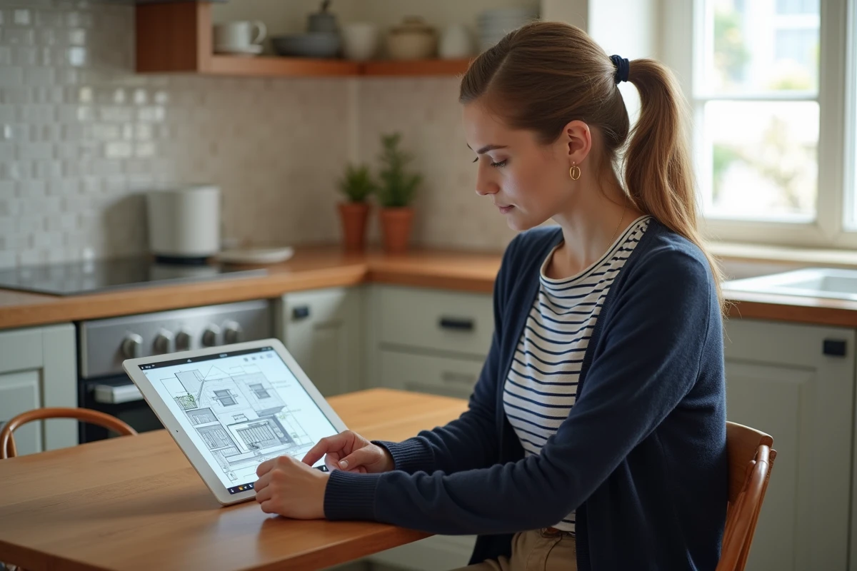 Jeune femme étudiant un plan numérique dans une cuisine lumineuse