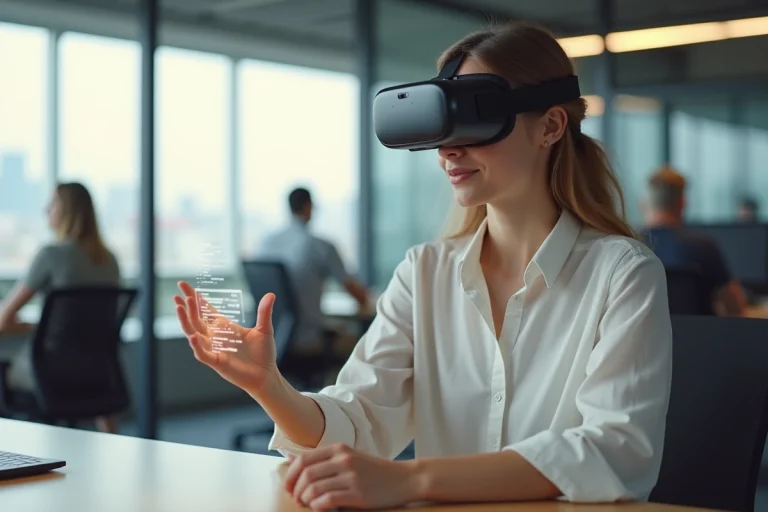 Femme utilisant un casque de réalité augmentée dans un bureau moderne en 2024, illustrant les innovations technologiques au quotidien