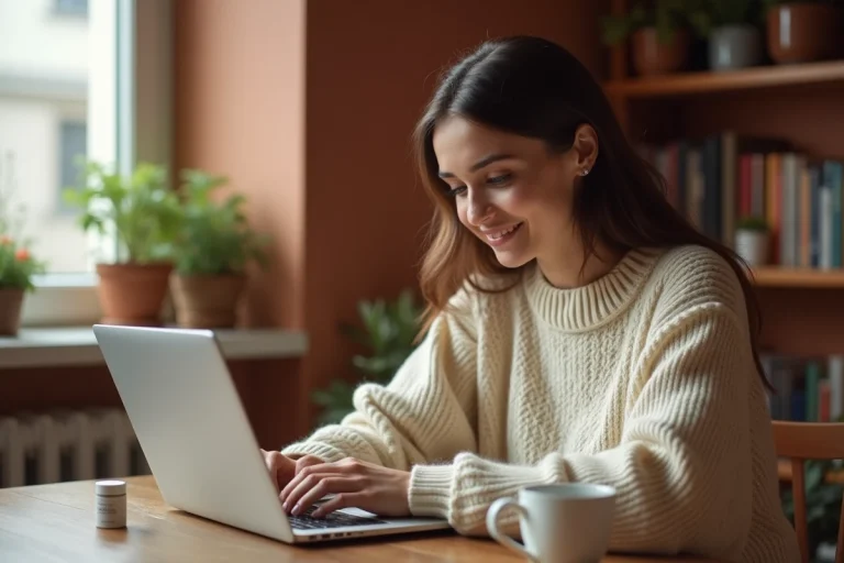 Femme rédigeant un avis client authentique sur un ordinateur portable avec un produit Levona Paris posé à côté, dans un appartement parisien chaleureux