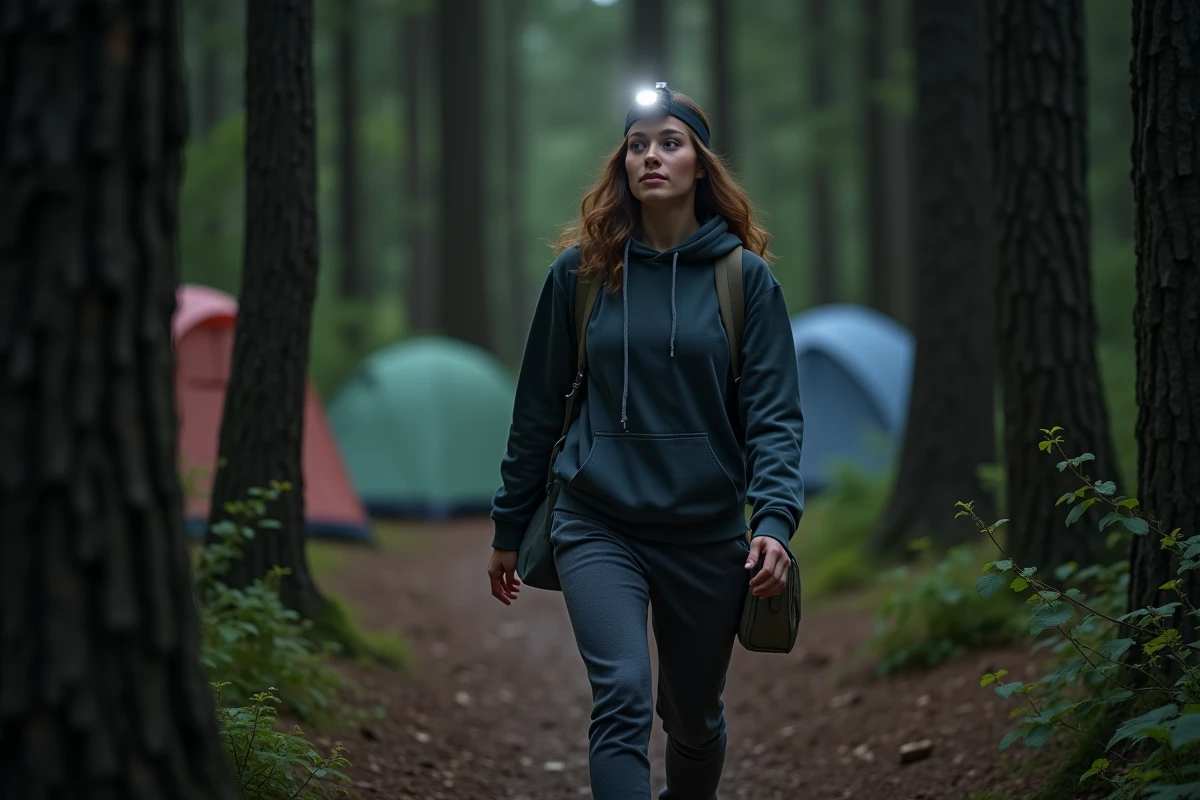 Femme marchant sur un sentier forestier la nuit en camping avec une lampe frontale et une trousse de toilette