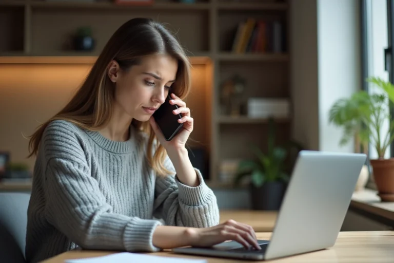 Femme contacting le service client de cncres.org par téléphone depuis son bureau à domicile