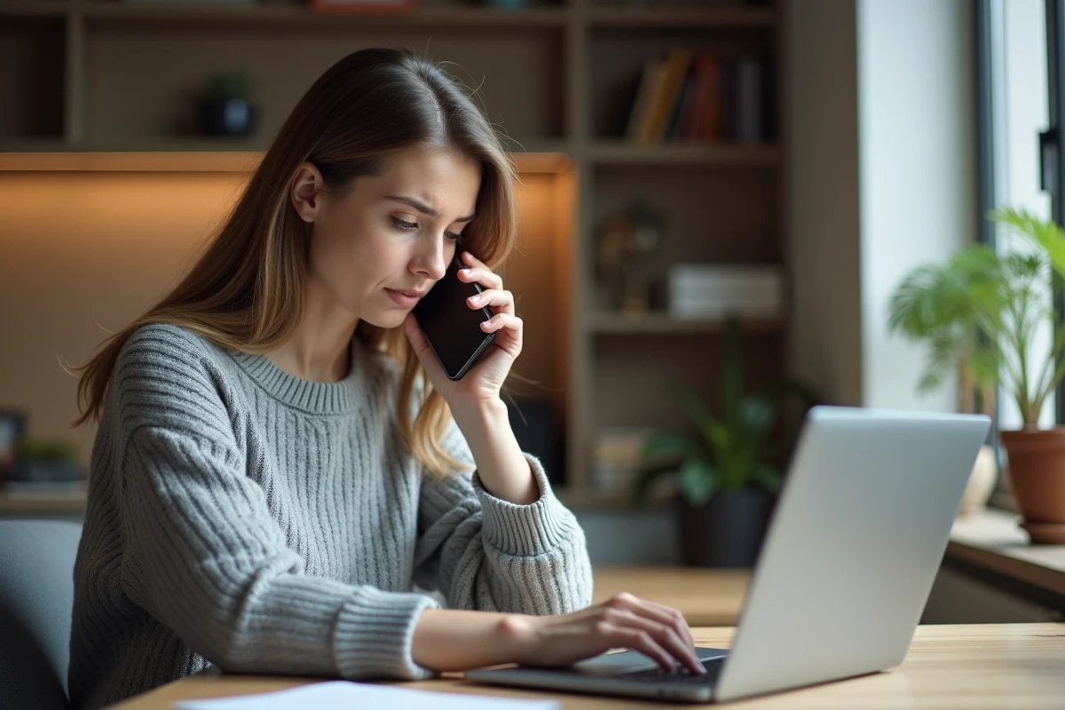 Femme contacting le service client de cncres.org par téléphone depuis son bureau à domicile