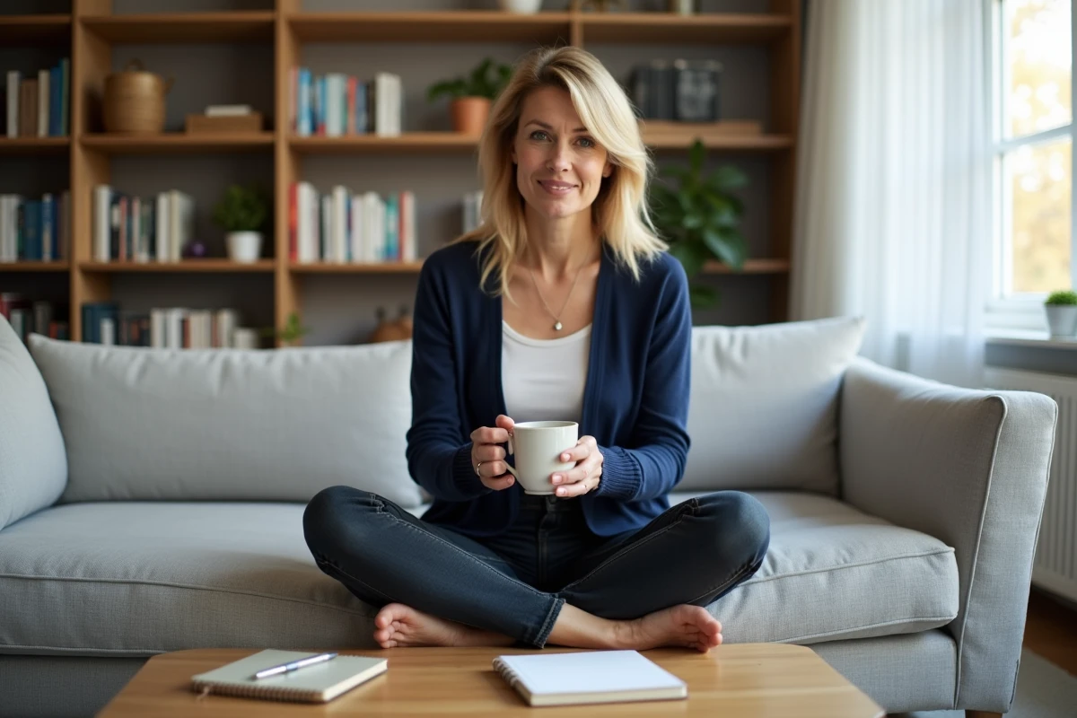 Femme d'une quarantaine d'années avec une tisane cherchant des solutions contre les ballonnements et le ventre gonflé