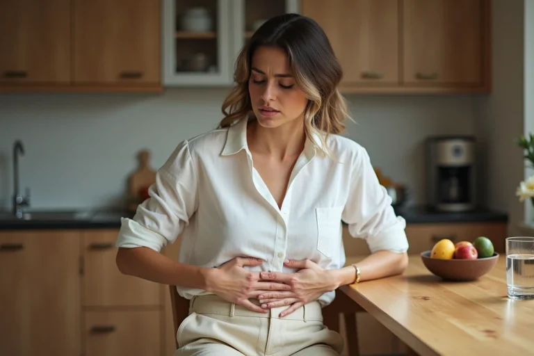 Femme assise à la cuisine avec les mains sur le ventre exprimant une gêne digestive liée au ventre gonflé