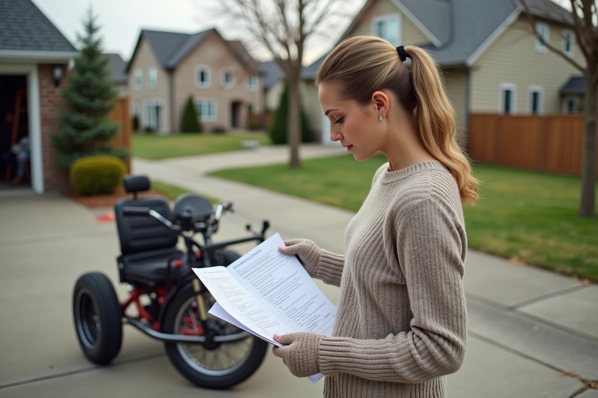 Femme vérifie une checklist de budget près d’un trike en construction